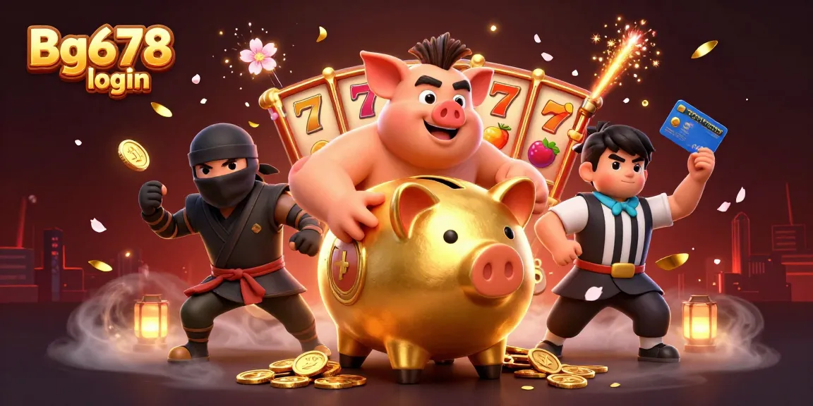 The Bg678 login scene showcases a lively casino atmosphere with a golden piggy bank sumo wrestler and vibrant game elements.