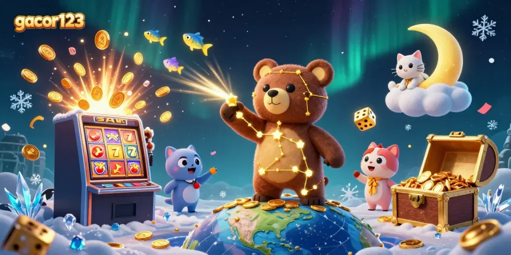 Experience the enchanting world of gacor123 with a dazzling 3D casino scene featuring a golden star bear and slot machine