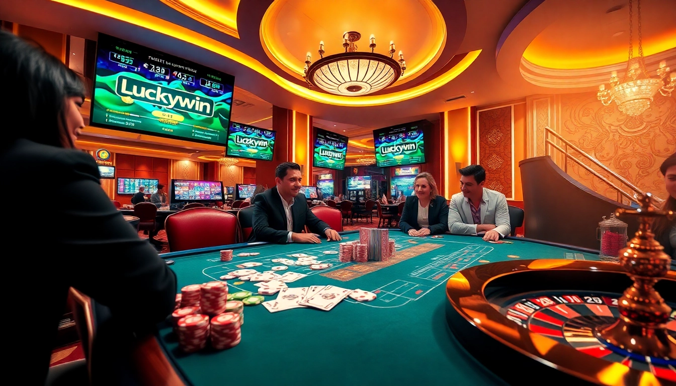 Luckywin casino players enjoying thrilling betting at a vibrant gambling table.