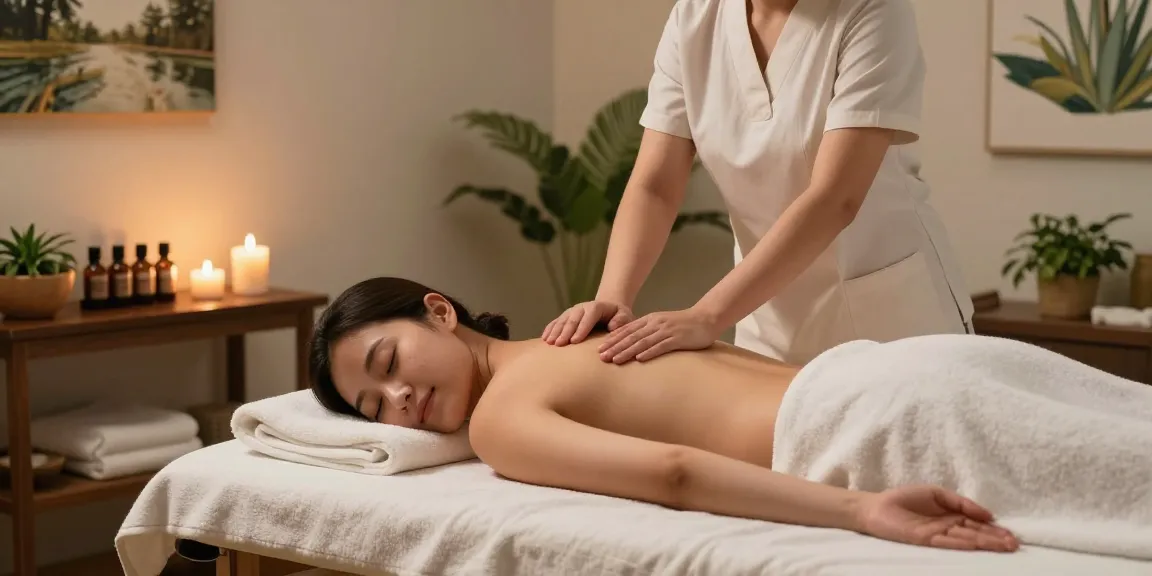Massage treatment in a serene spa environment, showcasing soothing 마사지 therapy with calming decor and essential oils.