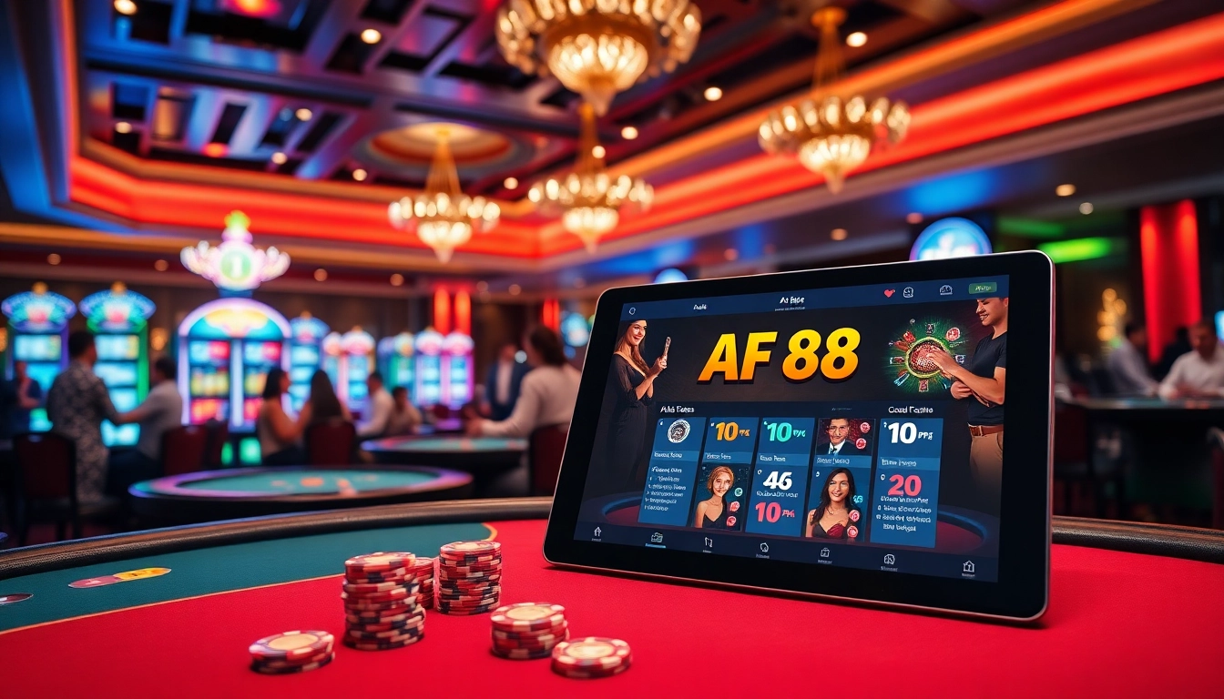 AF 88 players enjoying an exciting casino experience with poker games and slot machines.