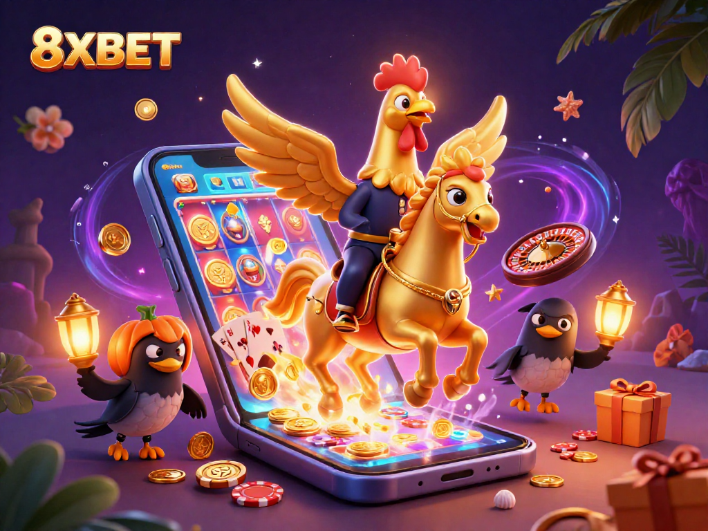 Experience the thrill of gaming with 8XBET's vibrant 3D casino scene highlighting fun slots.