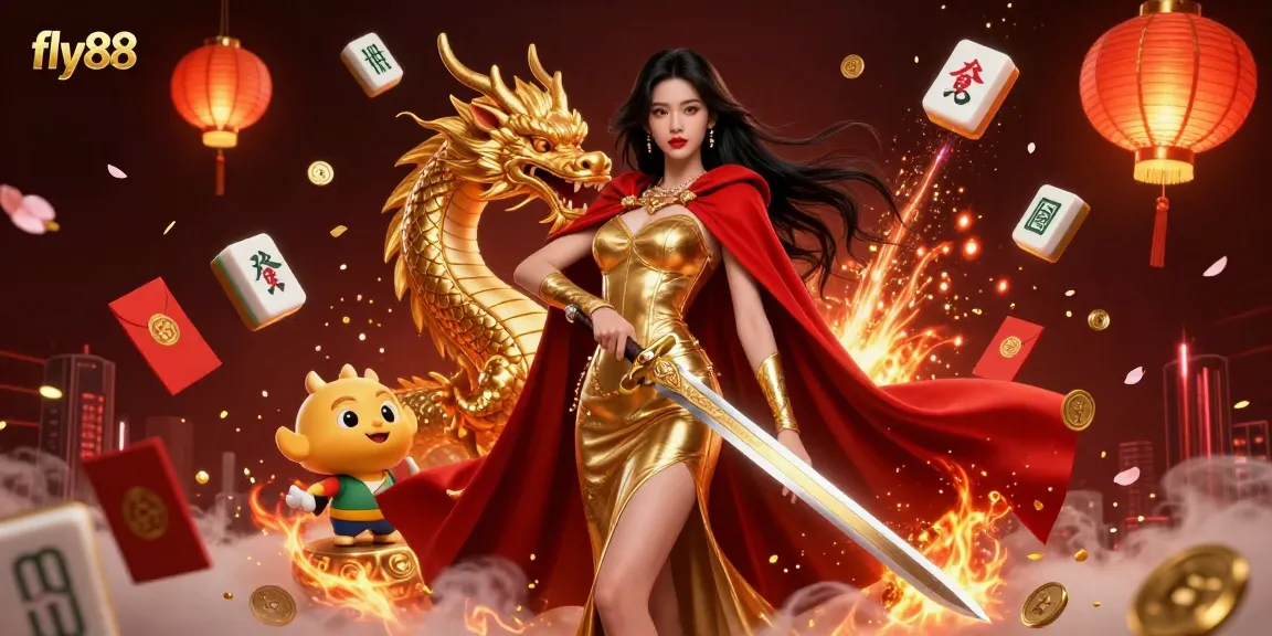 Engage with fly88 through an enchanting 3D illustration showcasing a queen and golden dragon amidst vibrant gambling symbols.