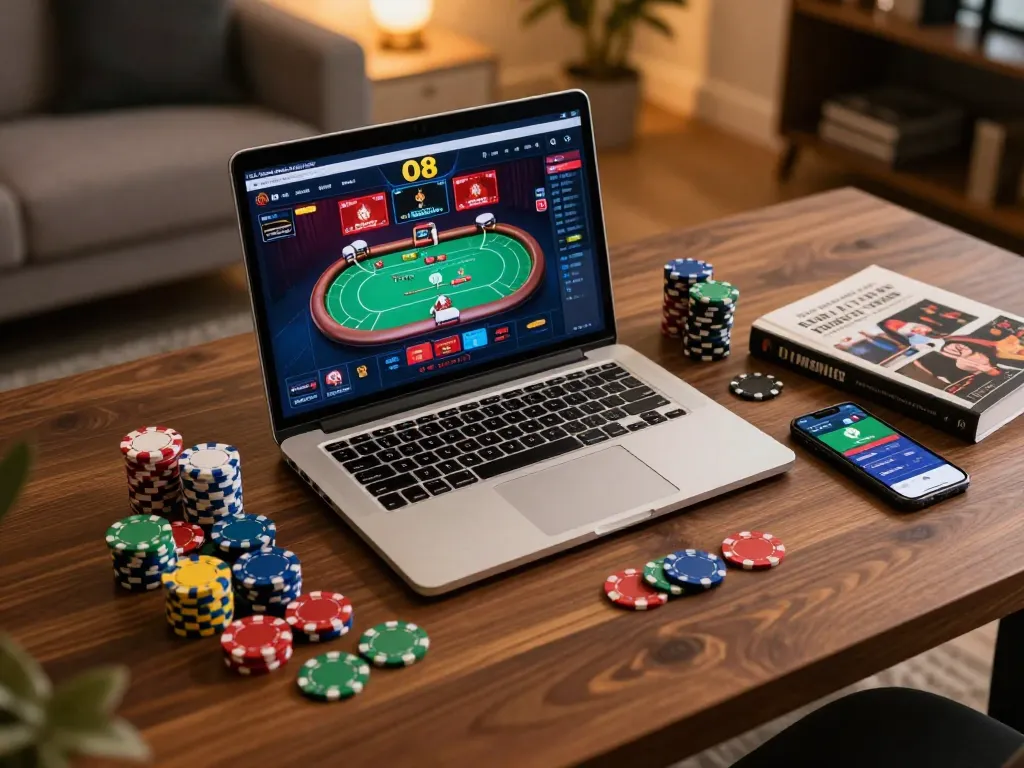 Engaging with O8's immersive online casino platform on a laptop while strategizing poker game moves