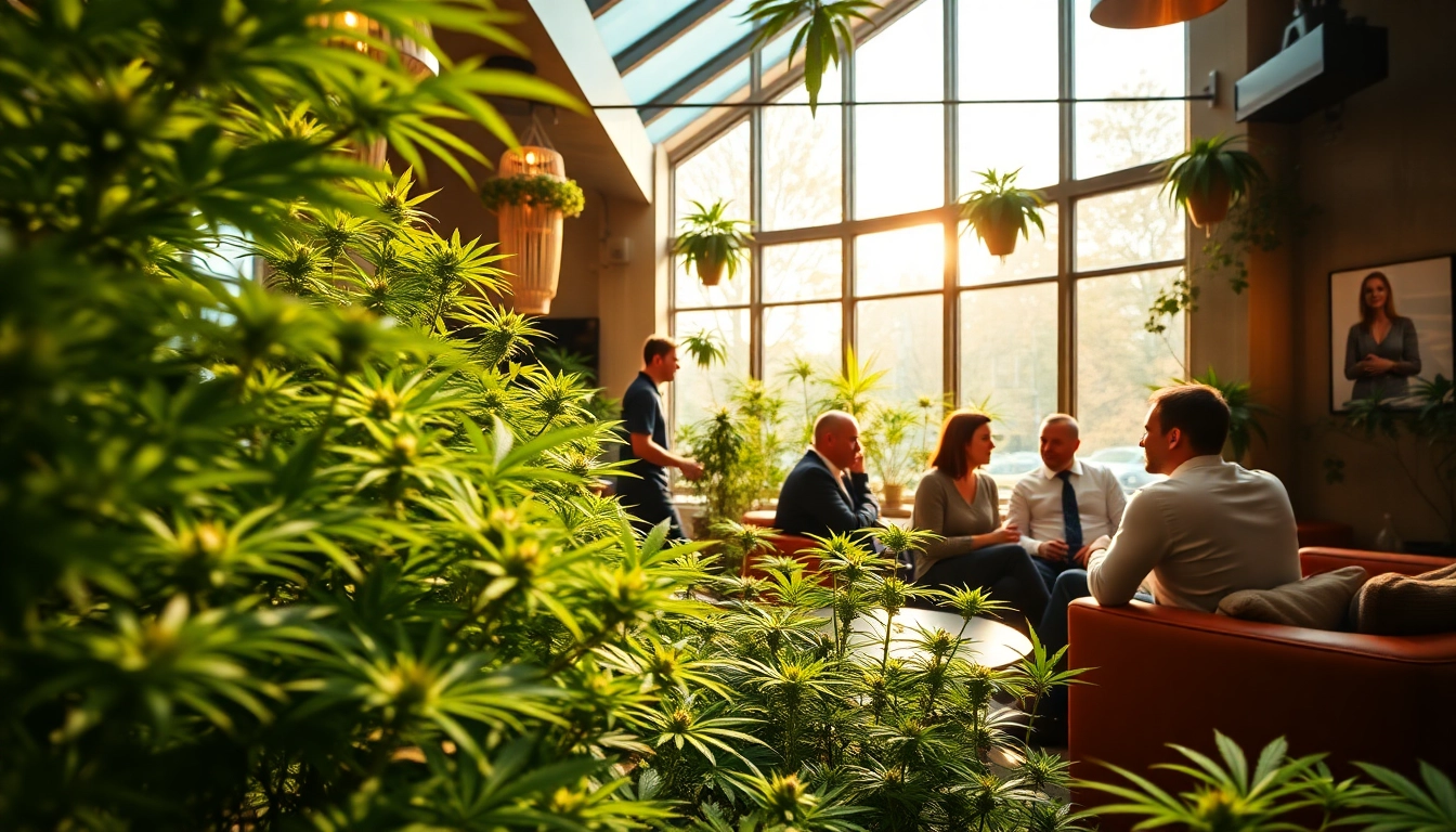 Mitglieder im cannabis club hamburg genießen eine entspannte Atmosphäre in einer modernen Lounge.