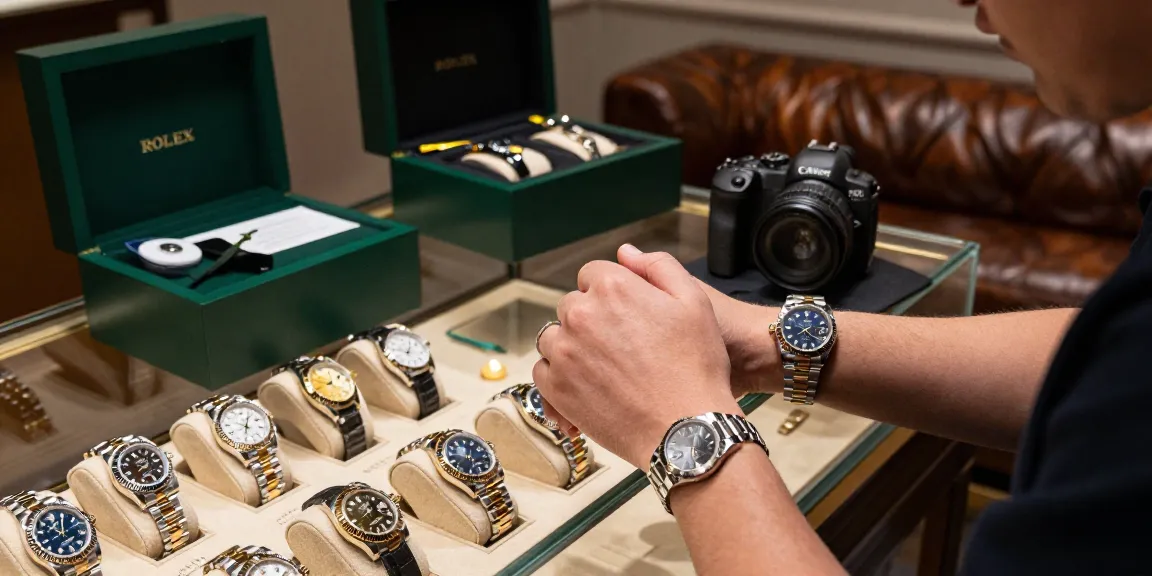 Detailed showcase of a luxury rolex replica on wrist with high-end watches in a stylish urban setting.