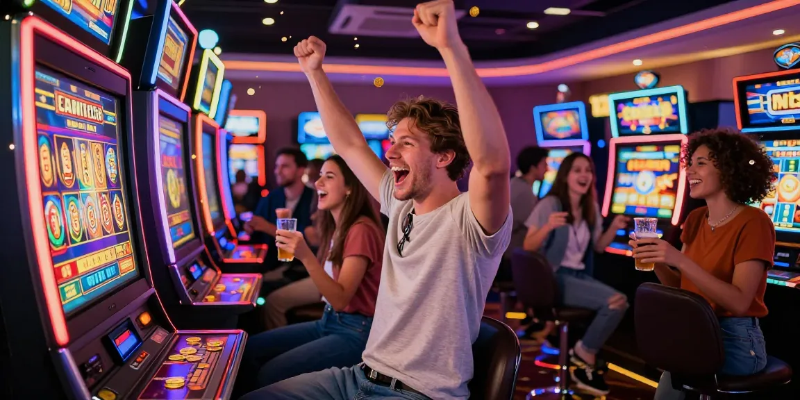 A lively casino scene celebrating a big win on slot deposit 1000 with joyful players around a winning machine, showcasing vibrant lights and excitement.