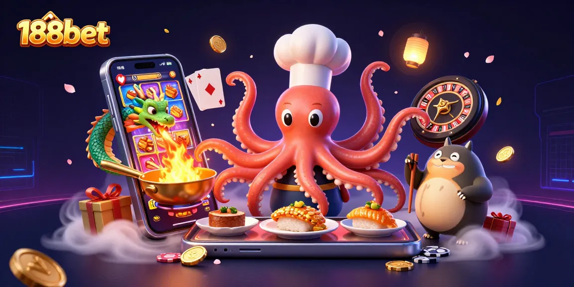 Experience thrilling moments with 188bet as our 3D sushi chef octopus and friends engage in exciting gaming adventures.