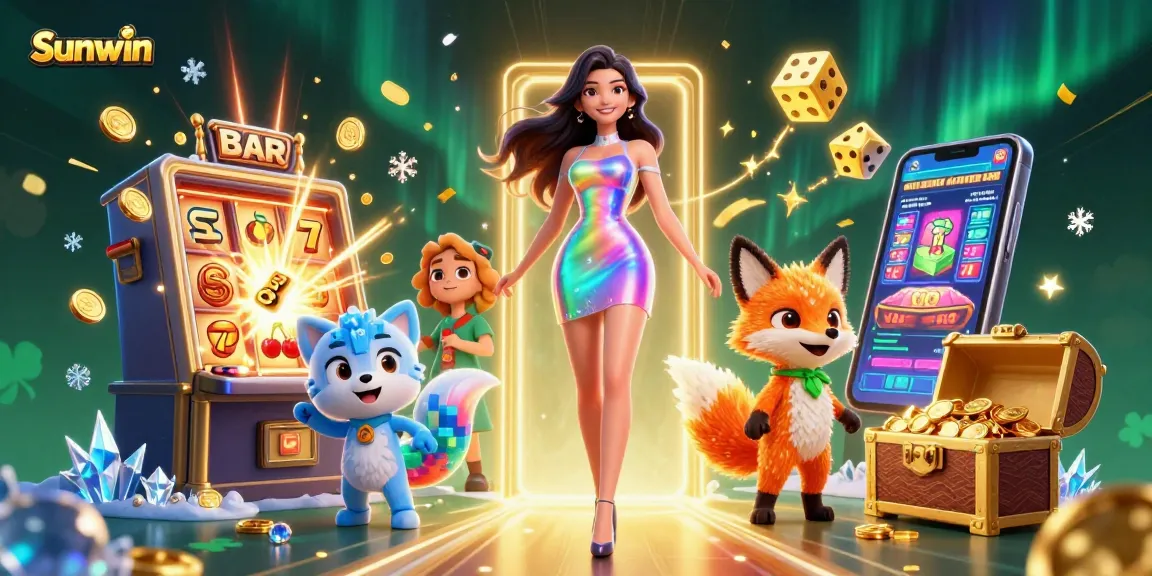 Sunwin players celebrate a jackpot win with a vibrant slot machine explosion and colorful casino elements.