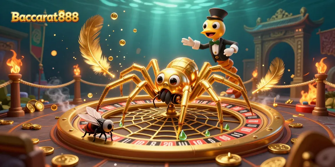 Play Baccarat888 with a golden spider spinning a roulette web, featuring a fly and croupier centipede.