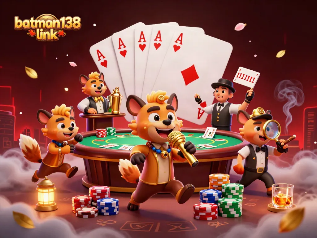 Gambarlah suasana kasino dengan batman138 link sebagai elemen utama, lucu dan penuh warna.