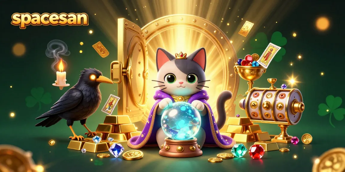 Spaceman slot game features a mystical cat and raven alongside treasures in an engaging casino scene.