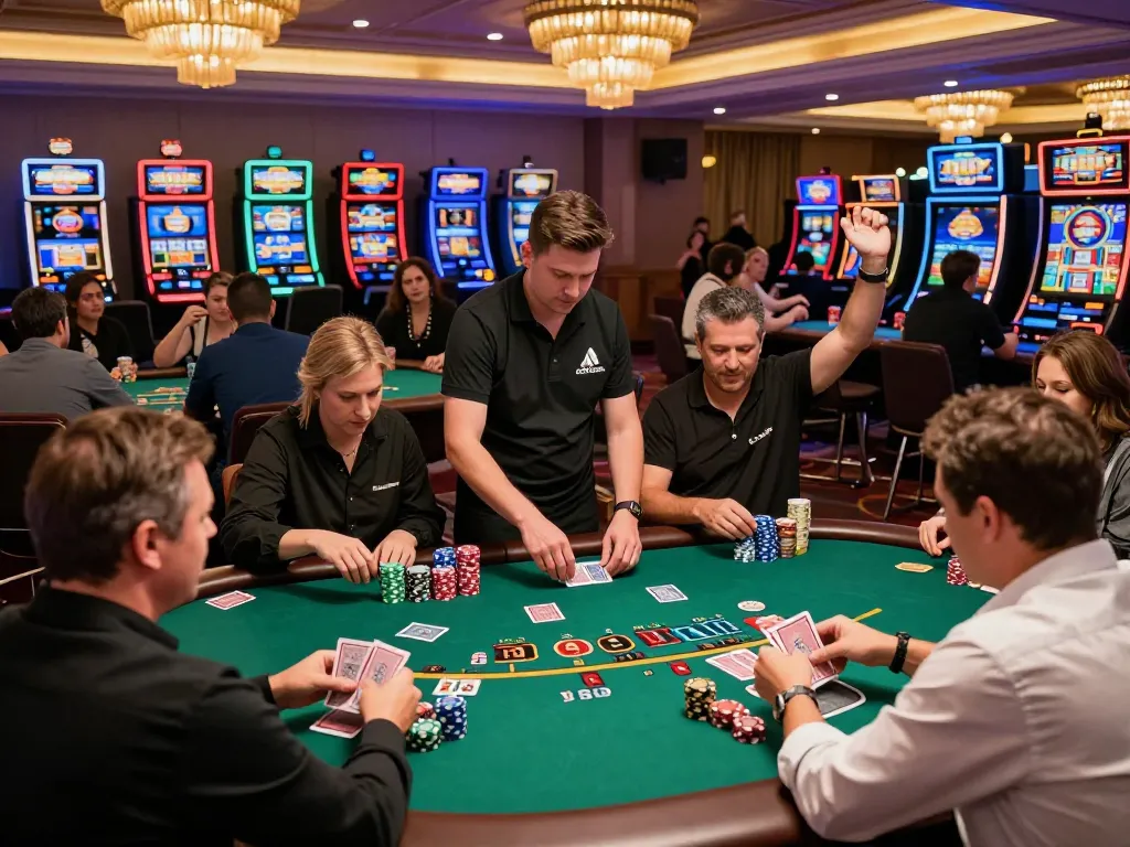 Engaged players at ATQ casino table, celebrating wins with vibrant atmosphere.