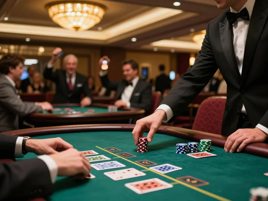 go8 celebrates a blackjack win at a luxury casino table with excited players.