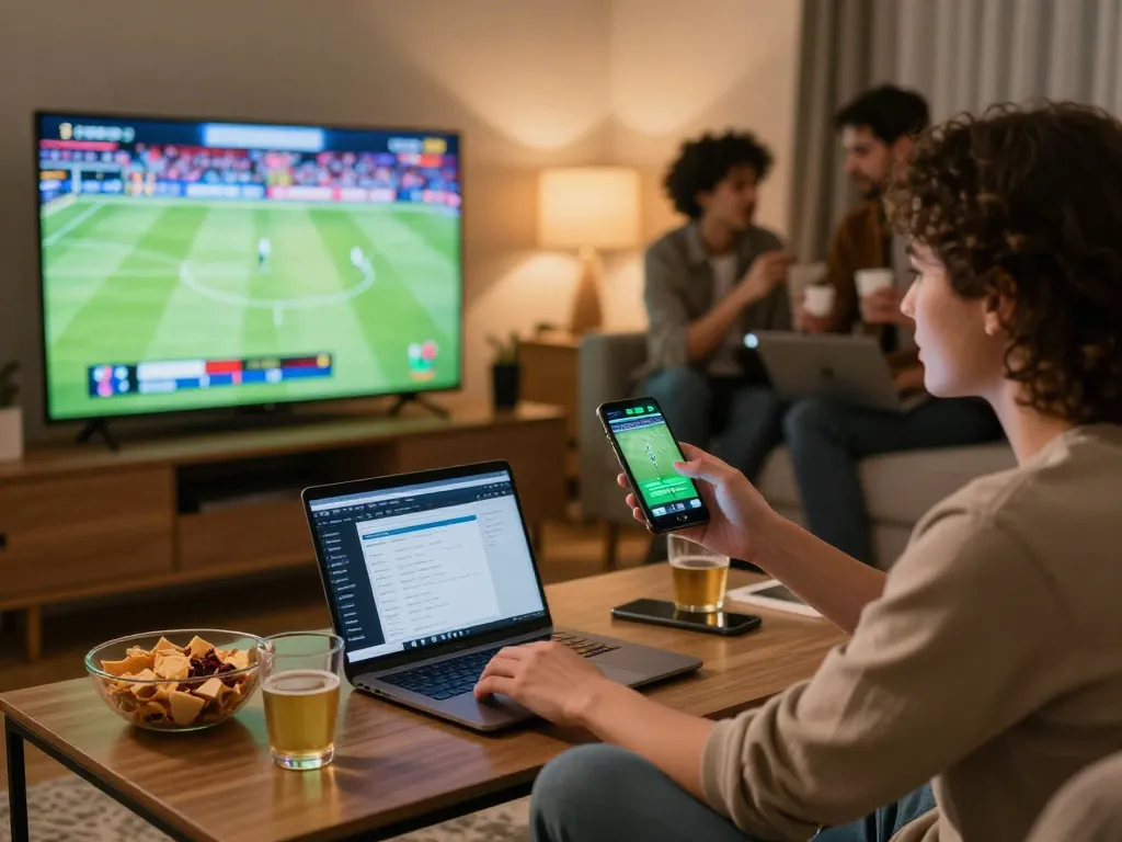 Engaged sports betting enthusiast using bj886 app during a live game with friends.