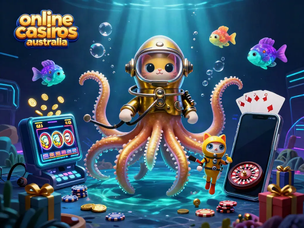 Experience exciting online casinos Australia with a vibrant scene of a kraken, diving cat, and casino elements.