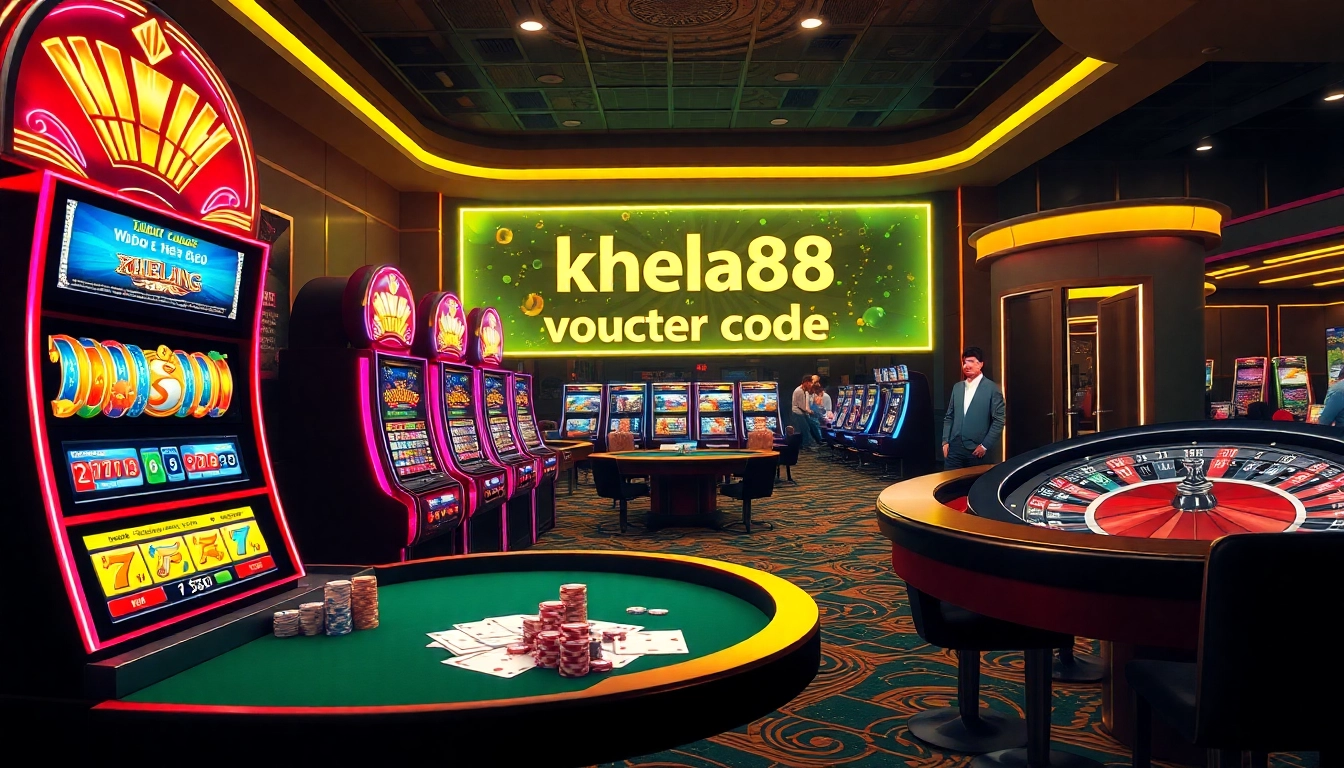Khela88 voucher code displayed in a glamorous casino setting with vibrant slot machines and poker tables.