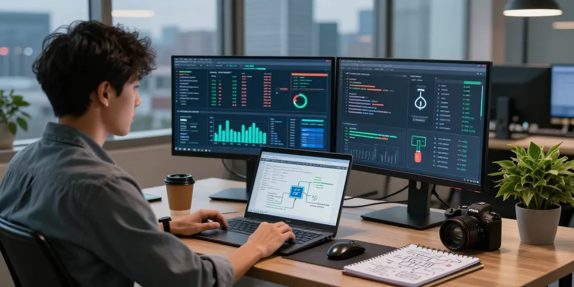 IT professional analyzing security data on https://shs-dome5.com/ in a modern workspace with dual monitors.