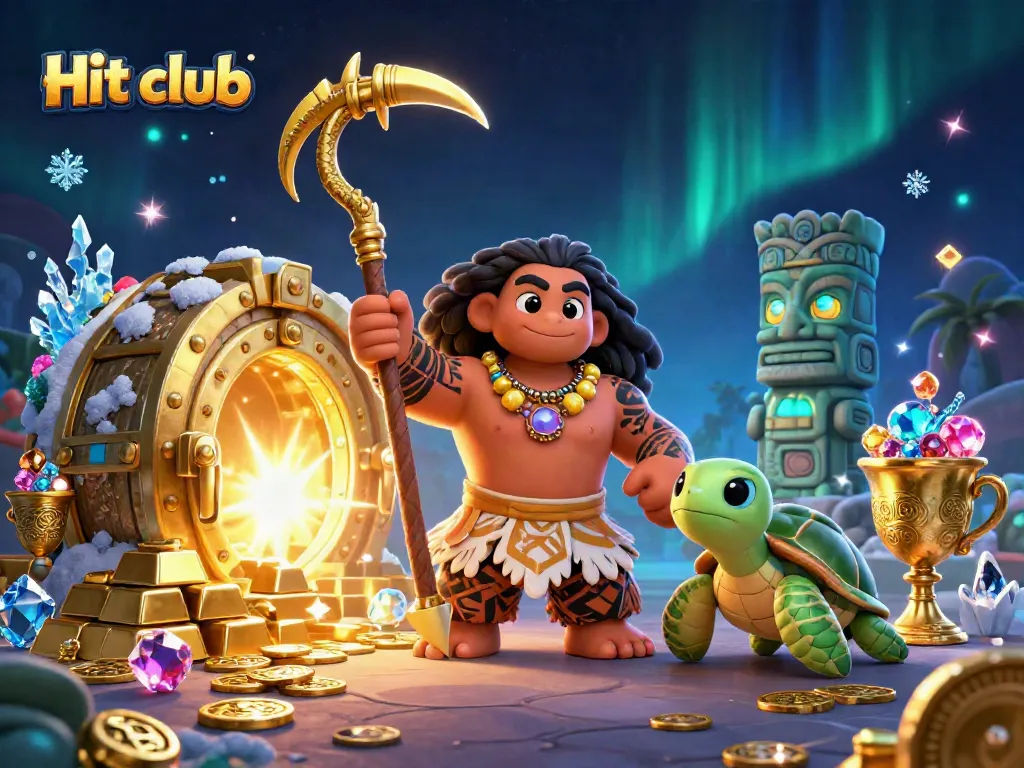 Engage in the excitement of Hit club with a vibrant 3D casino scene filled with treasure and mystical characters.