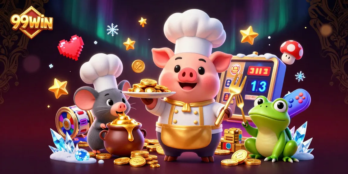 99WIN chef pig serving gold coins amid vibrant slot game elements for ultimate gambling fun