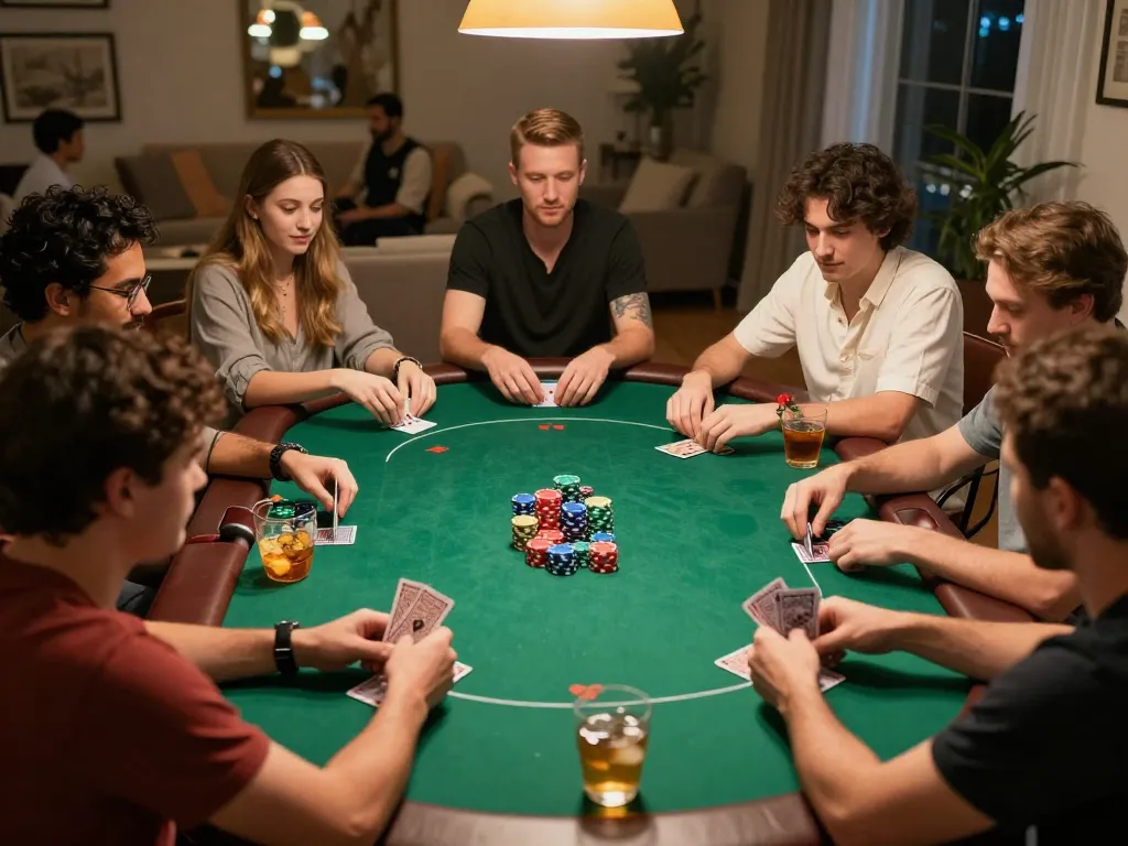 Players engaging in a lively poker game at home, showcasing strategic gameplay with 79club atmosphere.