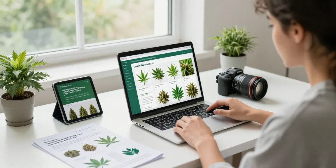 Exploring products on a lapotop at a modern workspace with cannabis educational materials, promoting a UK online dispensary.