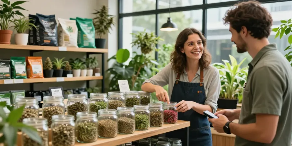 Cannabissamen kaufen scene with vibrant cannabis seeds in jars and an engaging customer interaction at a modern garden center.
