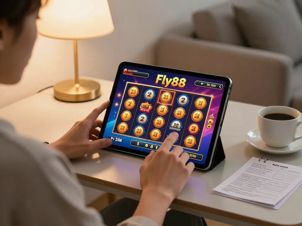 Engaging with Fly88 slots on a tablet in a cozy home gaming environment