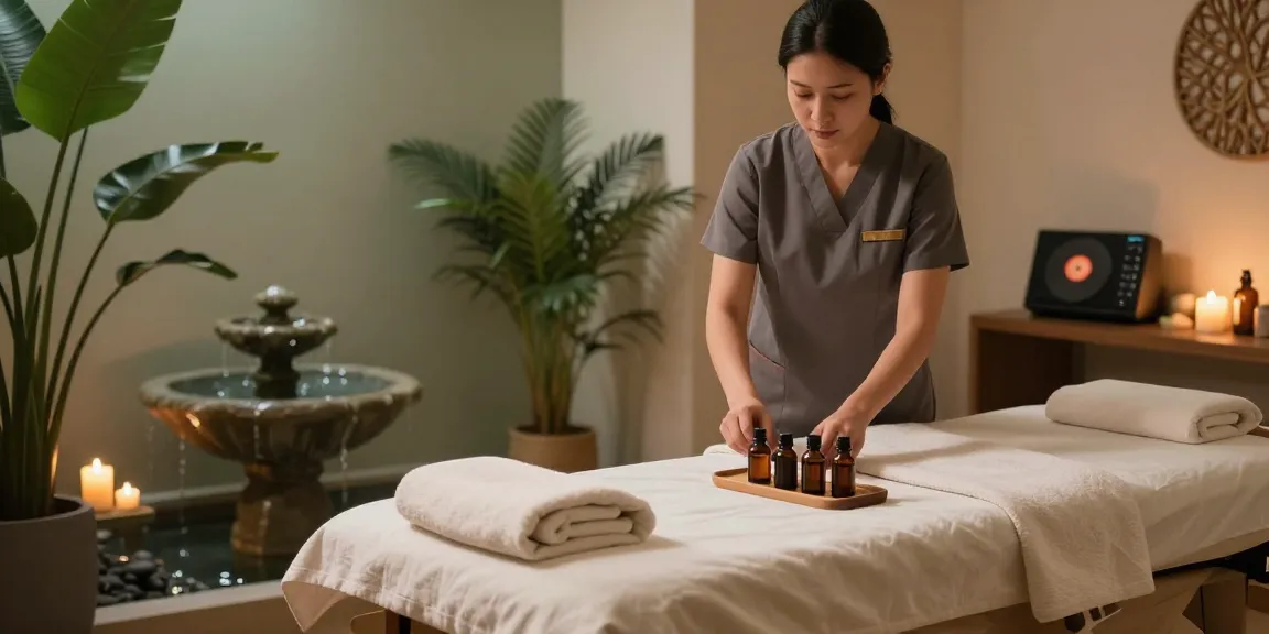 Massage therapy session setup featuring oils and calming decor for a relaxing experience.