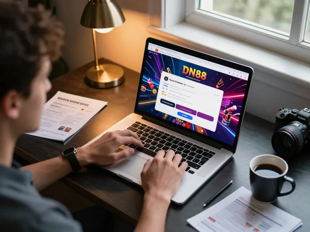 Player engaging in DN88 đăng nhập for an exciting online casino experience with vibrant game graphics.