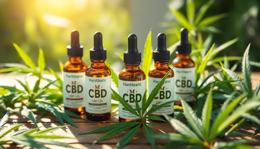 Showcasing CBD Oil bottles amidst green hemp leaves on a wooden table, representing natural wellness.
