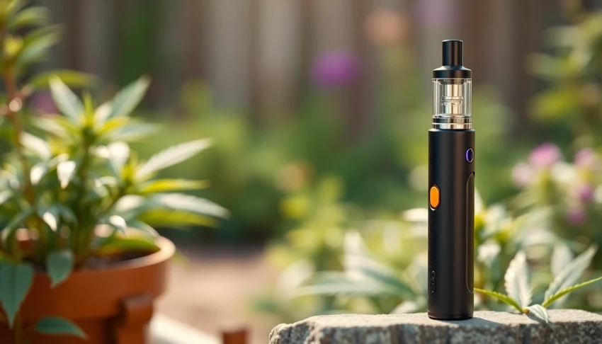 Engaging cannabis vape pen against a serene garden backdrop, inviting relaxation.