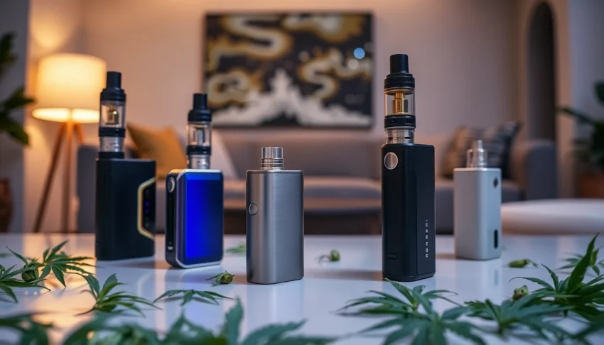 Showcase premium Cannabis Vape devices featuring elegant designs and natural cannabis elements.