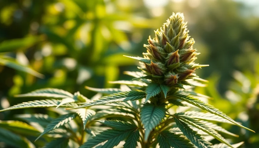 Showcase CBD-rich cannabis flowers in a vibrant, lush garden setting.