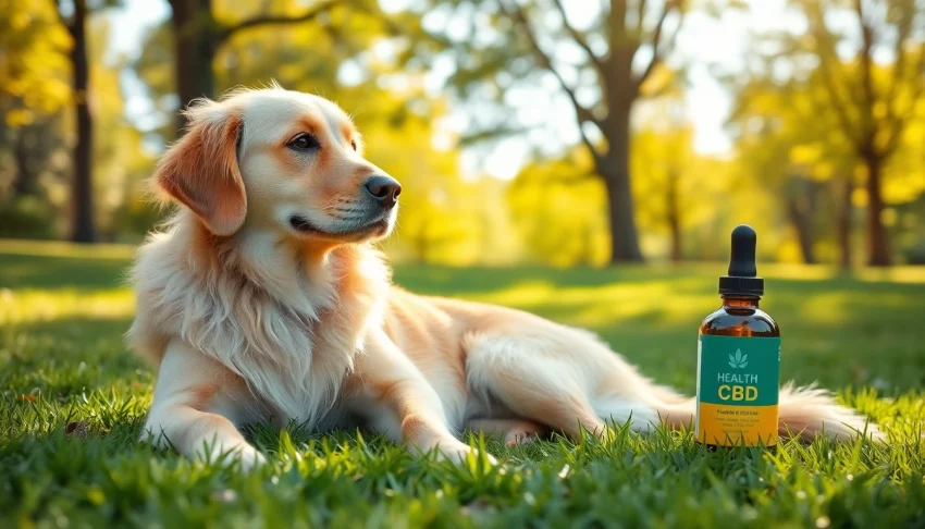 Showcasing a golden retriever with CBD For Pet products in a tranquil park setting, promoting health and happiness.