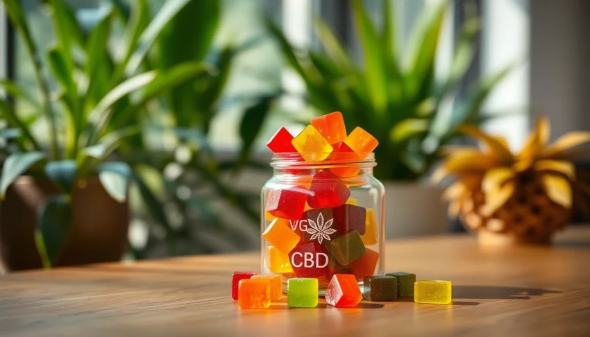 Showcase of Vegan CBD products featuring colorful gummies in a glass jar.