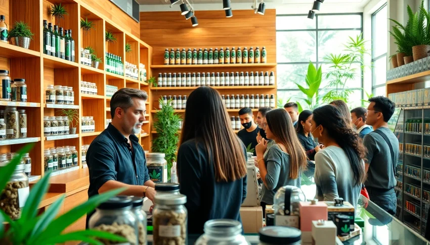 Engaging scene of a bustling Weed Store showcasing premium cannabis products and knowledgeable staff.