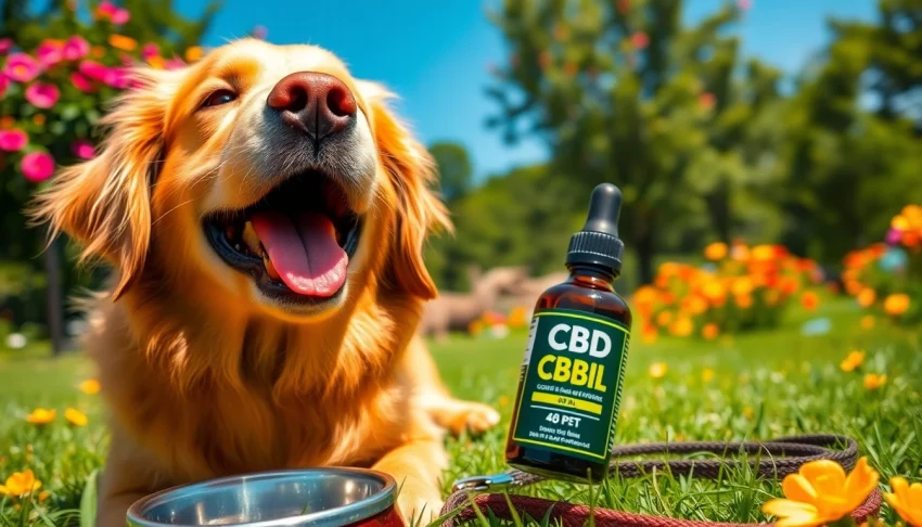 Dog playing with CBD For Pet oil in vibrant park, showcasing health and happiness.