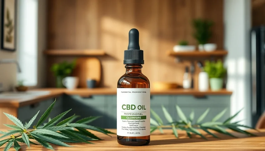 Display premium CBD Oil bottle surrounded by natural elements in a serene kitchen setting