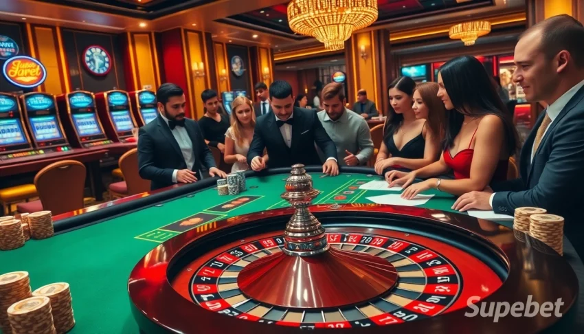 Players engaging in an exhilarating roulette game at Superbet's upscale casino environment with vibrant visuals.