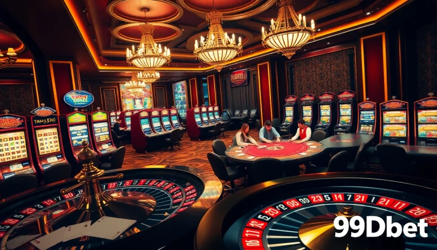 Engaged players at a luxurious 9Dbet casino, surrounded by poker chips and vibrant slot machines.