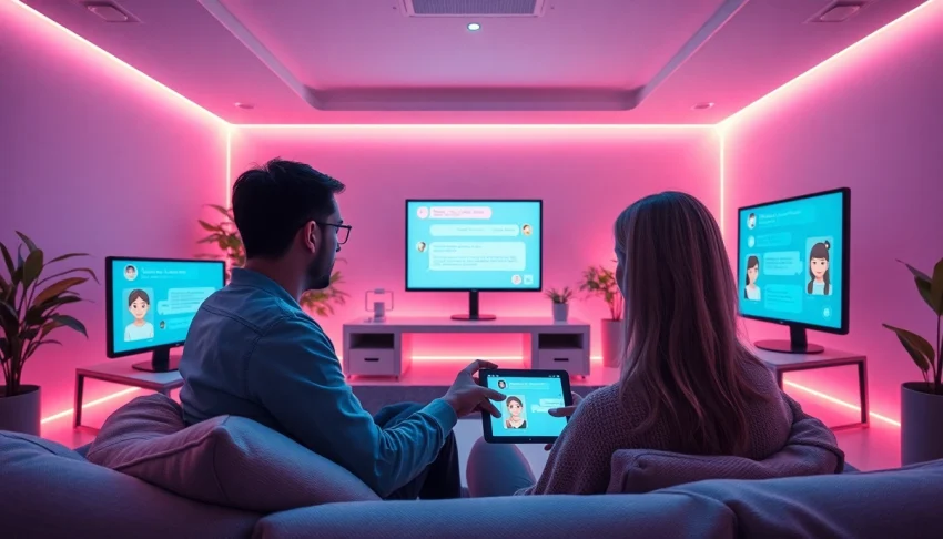 Sexting AI interactions in a modern digital environment with vibrant chat screens and character avatars.