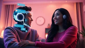 Dynamic interaction in a warm, modern setting emphasizing sex AI chat with a friendly holographic chatbot.