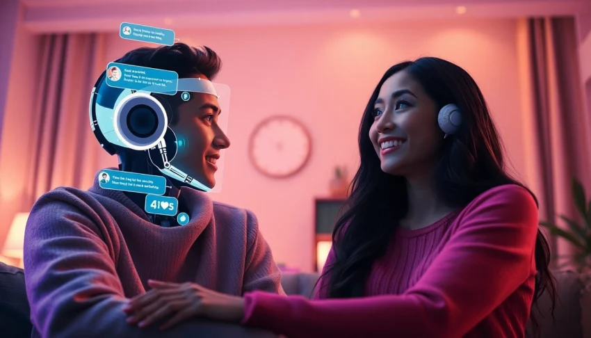 Dynamic interaction in a warm, modern setting emphasizing sex AI chat with a friendly holographic chatbot.