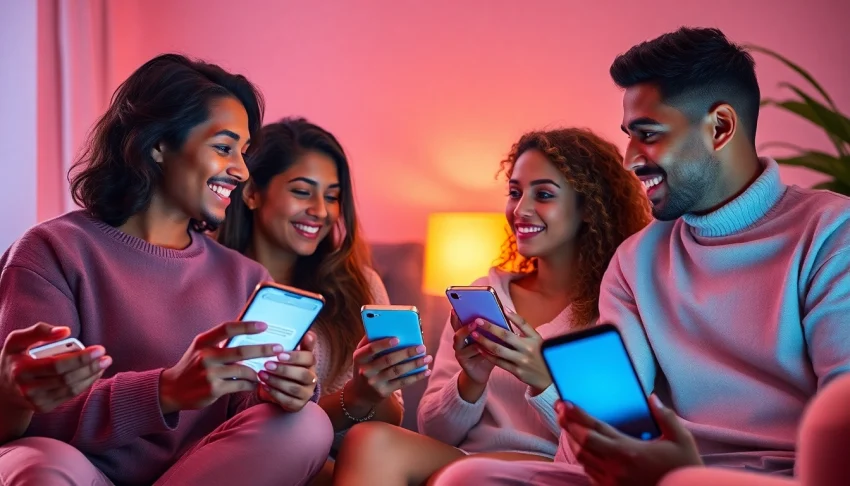 Engaging individuals enjoying sex ai chat conversations with AI chatbots in a cozy digital setting.