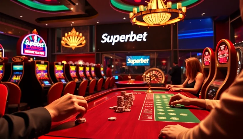Betting excitement at Superbet casino table with players and vibrant machines.