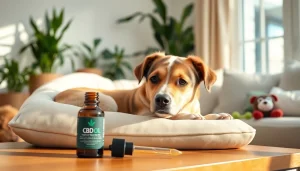 Promote health with soothing CBD Oil For Dog beside a relaxed pet in a cozy setting.