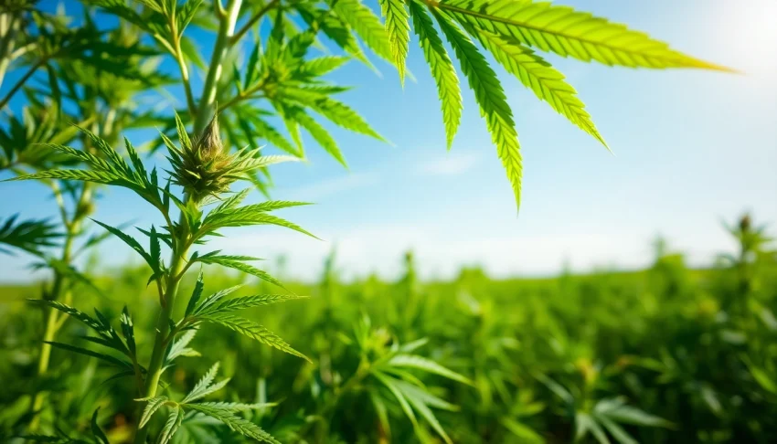 Harvesting organic hemp with vibrant leaves in a sunlit field for sustainable agriculture.