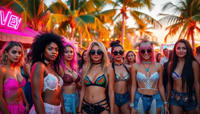 Stylish festival outfit display at a rave store Miami showcasing vibrant looks.