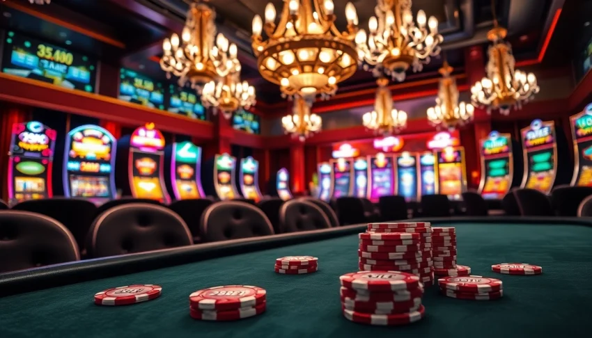 Experience the thrill of gaming with 255BET at a luxurious casino featuring poker tables and vibrant slot machines.